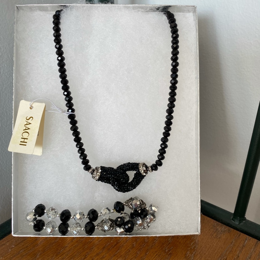 NWT Black Beaded Necklace + Black/Clear Stretch Bracelet
